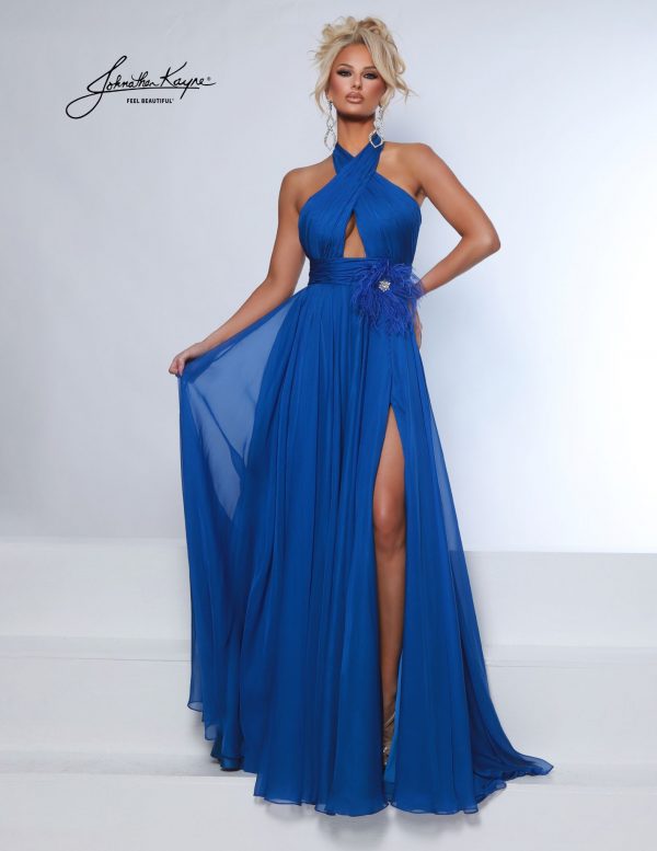 Royal blue halter gown with floral waist accent and thigh-high slit. Elegant chiffon formal pageant gown with pleated bodice and crystal embellishment, perfect for evening wear competitions, red carpet, prom.